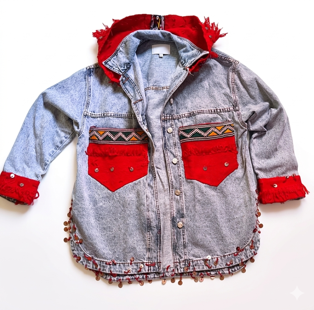Veste Amazigh Mira en Denim Gris – Pièce Artisanale Unique | Taille S