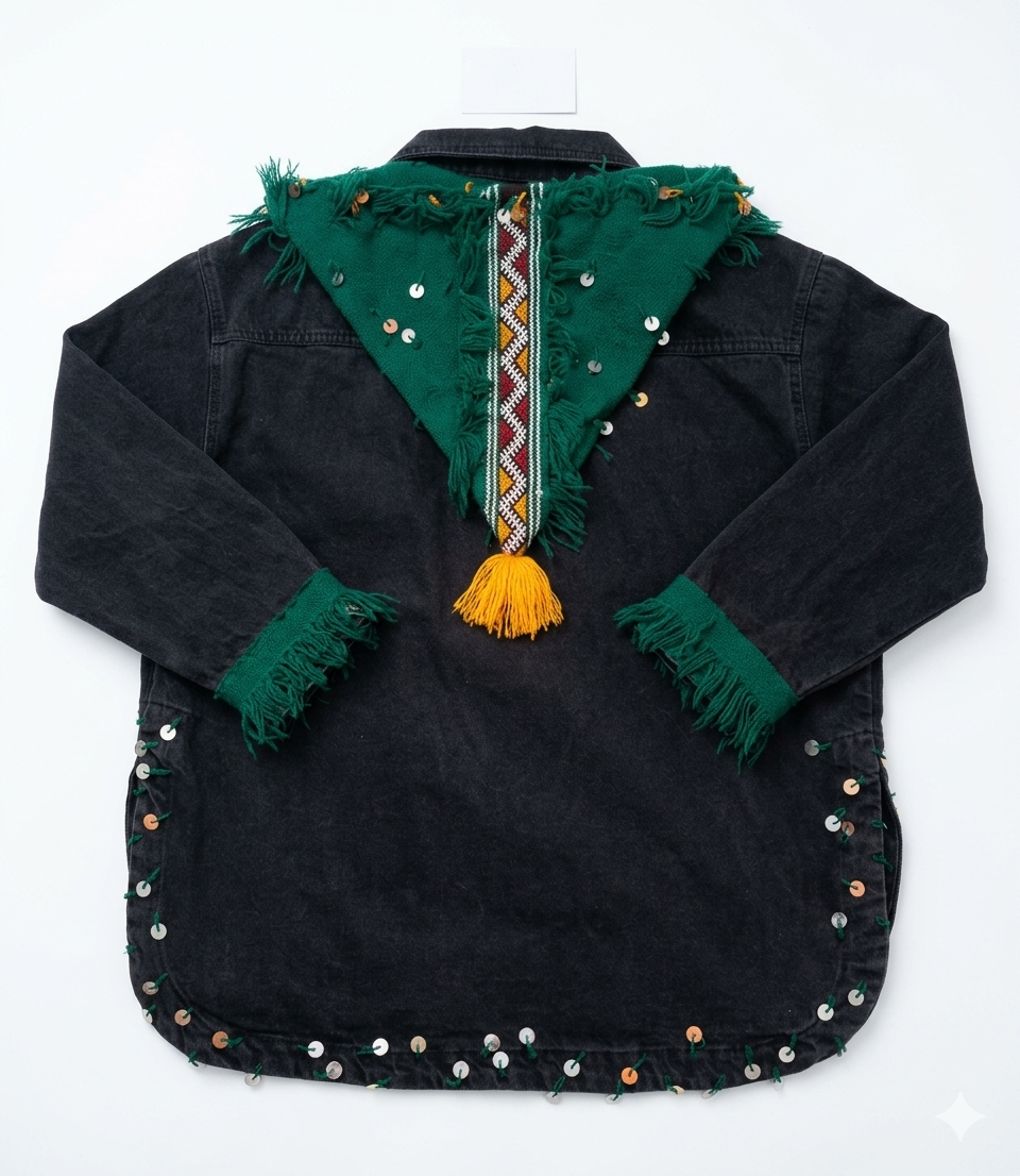 Veste Amazigh Mira en Denim Noir – Pièce Artisanale Unique | Taille L