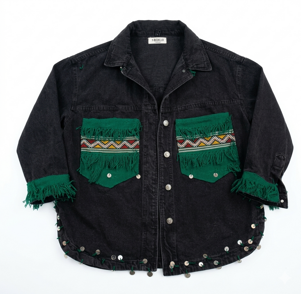 Veste Amazigh Mira en Denim Noir – Pièce Artisanale Unique | Taille L