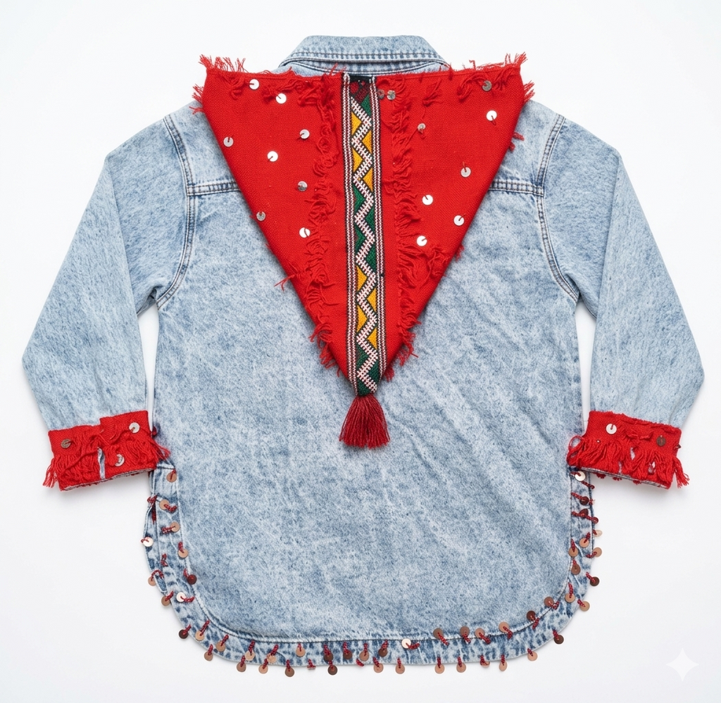 Veste Amazigh Mira en Denim Gris – Pièce Artisanale Unique | Taille S