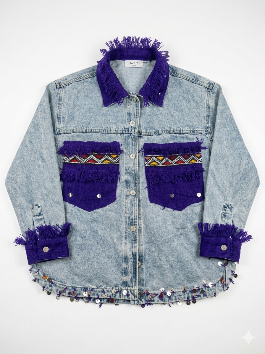 Veste Amazigh Luissa en Denim Gris – Pièce Artisanale Unique | Taille L