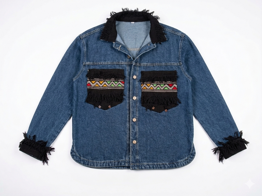Veste Amazigh Massilya en Denim Bleu – Pièce Artisanale Unique | Taille L