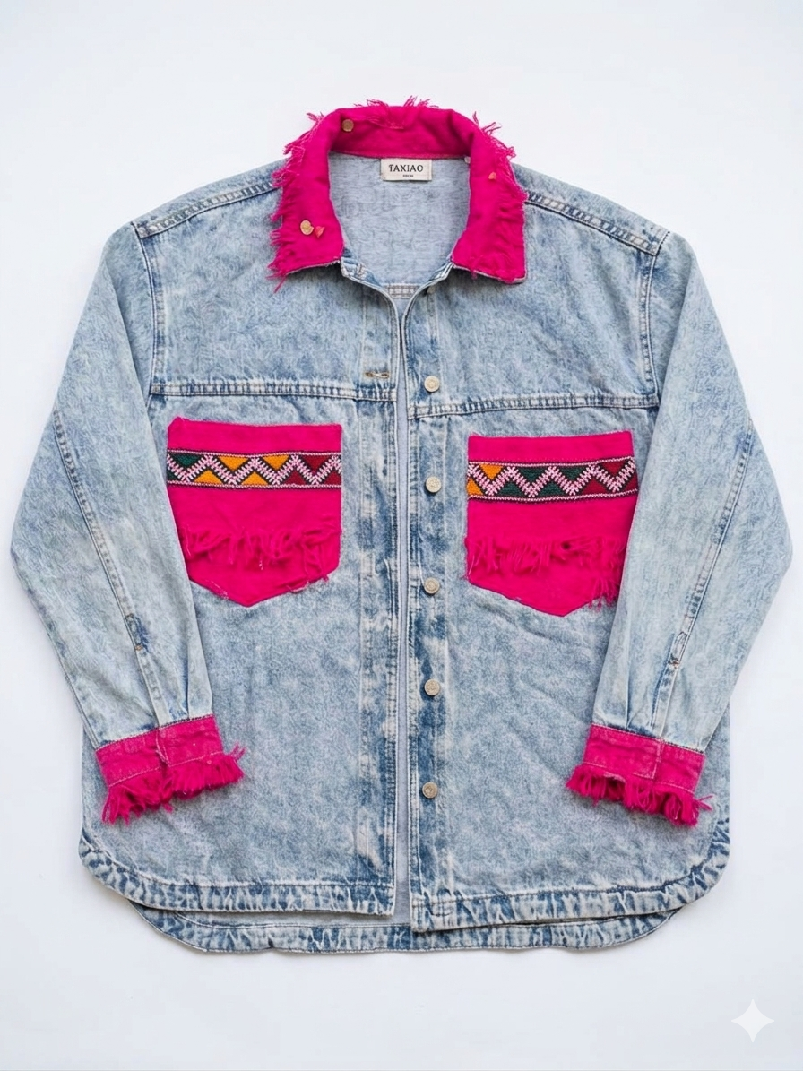 Veste Amazigh Massilya en Denim Gris – Pièce Artisanale Unique | Taille L